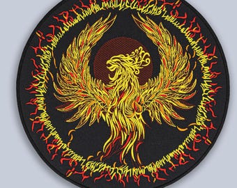 Phoenix in Flames Circle Patch – Large Embroidered Iron-On Symbol of Power & Renewal. Available in several sizes.