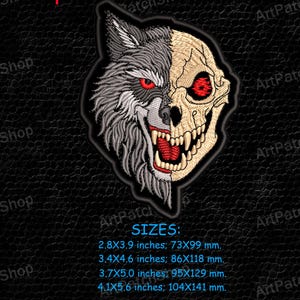 May include: Embroidered patch featuring a split design of a wolf and a skull with red eyes and open mouths. The text "Spider On The Moon" is at the top. Available sizes range from 2.8x3.9 inches to 4.1x5.6 inches.