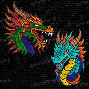May include: Two colorful dragon embroidery designs. One dragon is green, orange, and red, the other is blue, yellow, and orange. The text reads "Set of the 2 designs for embroidery machines" and "7 embroidery formats: exp, dst, jef, pes, vp3, hus, xxx."