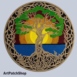 Tree of Life Embroidered Patch – Celtic Roots, Sunset, and Ocean Design – Iron On Badge for Jackets, Vests, Backpacks, and More