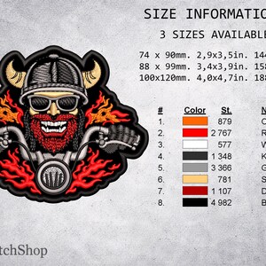 May include: Embroidered patch featuring a biker with a red beard, sunglasses, and a helmet, riding a motorcycle. The design incorporates orange flames and is available in three sizes: 2.9x3.5 inches, 3.4x3.9 inches, and 4.0x4.7 inches. The patch has a black border.