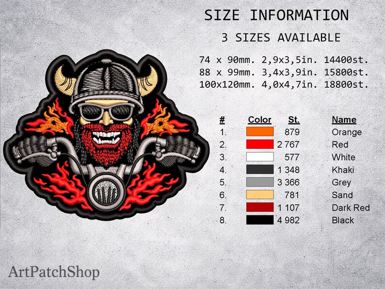 May include: Embroidered patch featuring a biker with a red beard, sunglasses, and a helmet, riding a motorcycle. The design incorporates orange flames and is available in three sizes: 2.9x3.5 inches, 3.4x3.9 inches, and 4.0x4.7 inches. The patch has a black border.