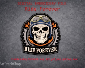 Ride Forever Embroidery Design Biker Patch, Skull Helmet Machine Embroidery File, Motorcycle Jacket Patch Design Download