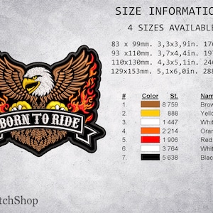 May include: Embroidered patch featuring a majestic eagle with outstretched wings and flames. The patch reads "BORN TO RIDE" in white lettering. Available in four sizes, the largest is 5.1 x 6.0 inches.