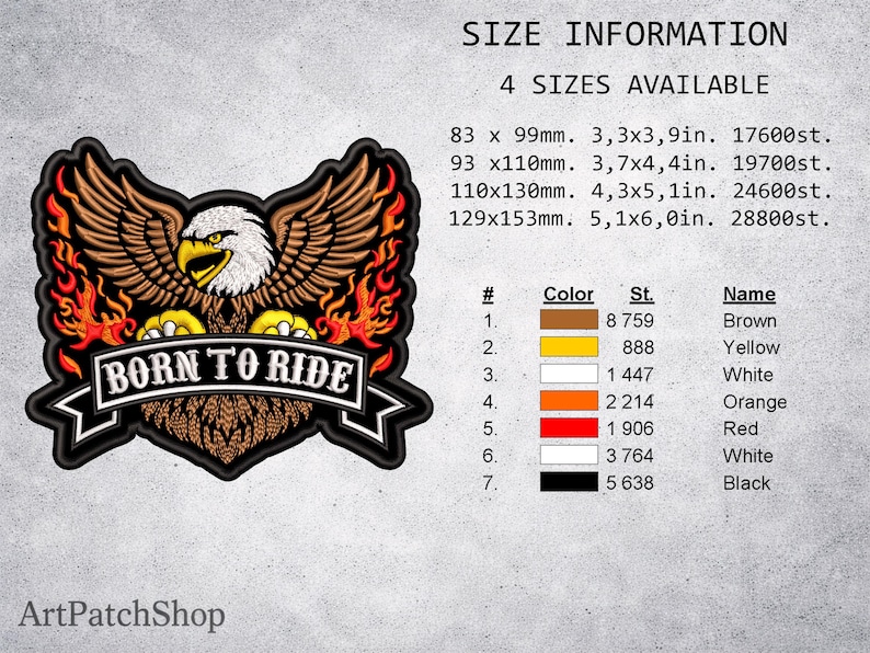 May include: Embroidered patch featuring a majestic eagle with outstretched wings and flames. The patch reads "BORN TO RIDE" in white lettering. Available in four sizes, the largest is 5.1 x 6.0 inches.