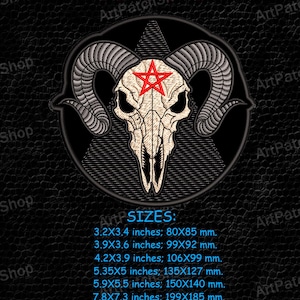 May include: Embroidered patch featuring a bull skull with large horns and a red pentagram on the forehead, set against a black background. The text "Bull's Skull" is above the skull. Sizes range from 3.2x3.4 inches to 7.8x7.3 inches.
