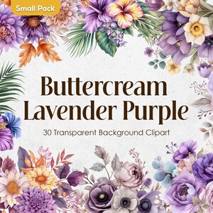 Conjunto de imágenes prediseñadas de flores de acuarela de lavanda con crema de mantequilla / Lirio lila floral PNG / Gráficos transparentes de ramo de boda violeta