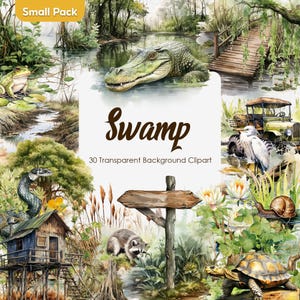 Watercolor Swamp Clipart Transparent Background PNG,Amazon Green Nature Landscape ,Frog And Crocodile Bayou River, Digital Sticker Clip Art