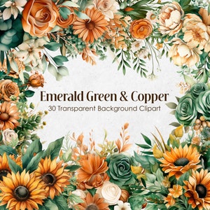 Smaragdgrün und Kupfer Blumen Aquarell Clipart, Olive Jade Edelstein Blumen PNG transparenten Hintergrund, Wald Gebrannte Orange Hochzeitssträuße