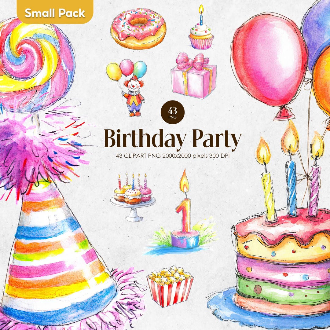 Birthday Clipart, Watercolor Party PNG, Balloons, Cake, Donuts, Gifts ...