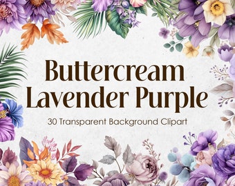 Buttercream and Lavender Purple Flowers Watercolor Clipart Set,Lilac Lilies Floral PNG Transparent Background,Violet Wedding Bouquets