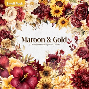 Burgunder Gold Aquarell Blumen Clipart-Set | Blutiger roter goldener Blumenkranz PNG | Transparente kastanienbraune Hochzeitssträuße kommerzielle Nutzung
