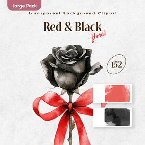Rose noire PNG aquarelle Clipart ensemble remise des diplômes pétales de rose rouges, fleur et noeud, faire-part de funérailles floral noir cartes commémoratives décorer