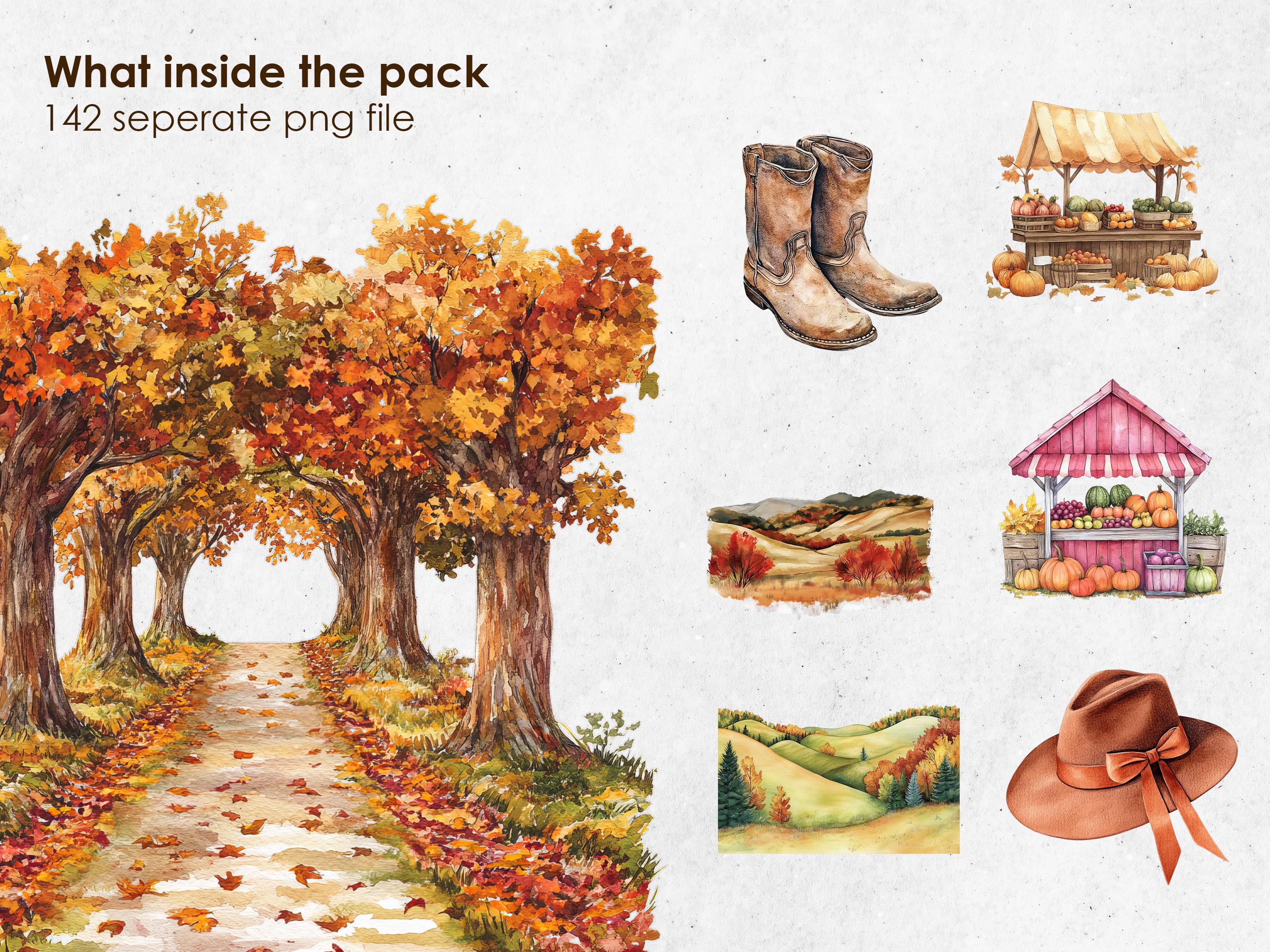 Watercolor Fall Clipart Set, Autumn Forest Landscape, Pumpkin Harvest ...