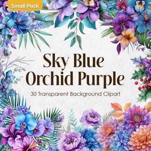 Conjunto de clipart de flores em aquarela roxas e orquídeas azul-celeste | Floral de lavanda azul PNG | Buquês de casamento de rosas vibrantes e transparentes