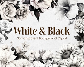 Black and White Floral PNG Transparent Background,Watercolor Clipart Bouquets,Grayscale Flower Blossom,Instant Download PNGs, Commercial Use