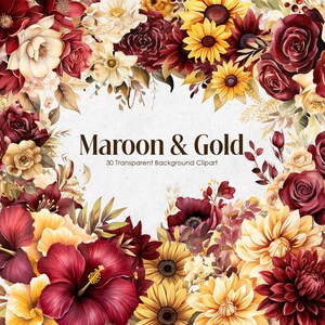Burgunder und Gold Aquarell Blumen Clipart-Set, blutrote Blumenkränze Blumensträuße PNG transparenter Hintergrund, Kastanienbraun und Gold Hochzeit Kunst