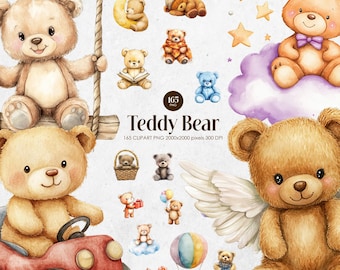 Teddy Bear Watercolor Clipart | Cute Baby Bear PNG, Nursery Wall Art, Baby Shower Clip Art, Woodland Animals, Transparent Background