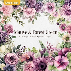 Lavendel und Grün Aquarell Blumen Clipart-Set | Greenery Mauve Blumen PNG | Forest Leafy Violet Hochzeit Blumensträuße Digital Kommerzielle Nutzung