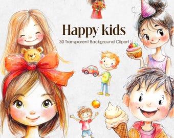 Happy Kids PNG Clipart Bundle | Hand-Drawn Digital Art (300 DPI)