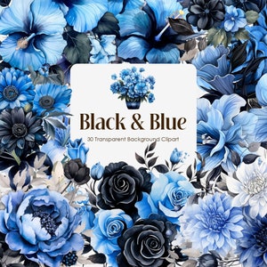 Schwarze und blaue Blumen Aquarell Clipart-Set, Nacht und Indigo Bloom Floral PNG transparenter Hintergrund, Dark Navy Wedding Bouquets Blossom