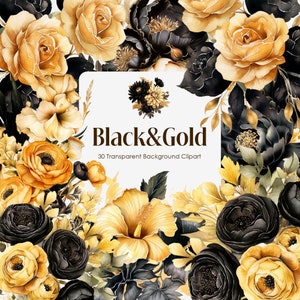 Schwarz-Gold Blumen Aquarell Clipart Sammlung, Blumen Illustrationen PNG transparenten Hintergrund, luxuriöse goldene Hochzeitssträuße Blüte