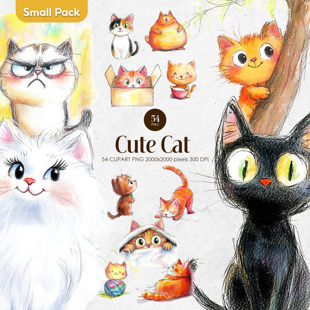 Cute Cat Clipart, Watercolor Cat PNG, Funny Kitten Illustration