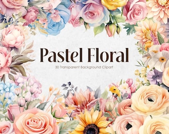 Pastel Floral Clipart, Watercolor Flower PNG, Soft Bouquet Clip Art, Spring Wedding Floral, Feminine Flower PNG, Colorful Botanical Art