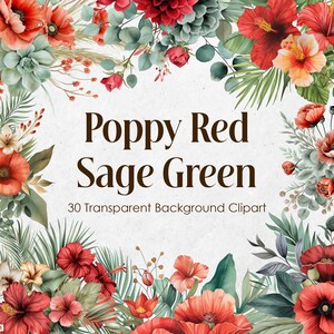 Mohnrot und Salbei Grüne Blumen Aquarell Clipart Set, Crimson & Mint Floral PNG transparenter Hintergrund, Ruby Roses Olive Hochzeitssträuße