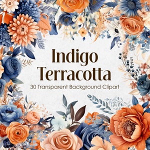 Indigo Terracotta Floral Watercolor Clipart,Brick Bronze Flowers PNG Transparent Background,Navy Blue Wedding Bouquets Wreath,Commercial Use