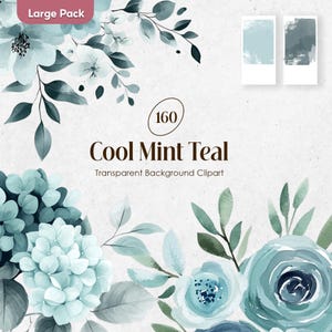 Mint Teal Flower PNG Watercolor Clipart Winter Season Floral Clipart Cool Mint Green Wedding Bouquets Greenery Flower Cold day Roses Daisy