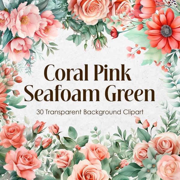 Coral Pink and Mint Green Flowers Watercolor Clipart Bundle,Pastel Peach Floral PNG Transparent Background,Soft Pink Rose Wedding Bouquets