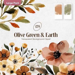 Flores Verde-Sálvia e Marrom PNG, Clipart Floral Verde-Oliva e Tons de Terra, Buquê de Casamento com Flores em Aquarela PNG, Conjunto de Clipart de Primavera