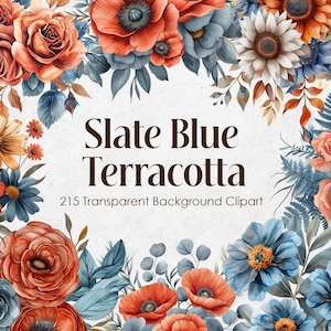 Conjunto de clipart de aquarela de flores azuis empoeiradas e laranja queimadas, fundo transparente de PNG floral azul-marinho ardósia, buquês de casamento de terracota digitais