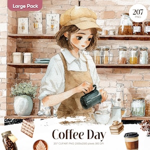 Watercolor Coffee Day Clipart PNG, Autumn Season Clip art, Cute Girls Falls Fashion, Cozy Cafe, Brown Beige September Outfit Digital Planner