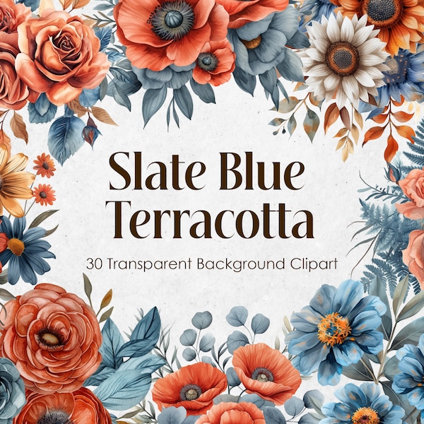 Dusty Blue and Burnt Orange Flowers Watercolor Clipart Set,Slate Navy Floral PNG Transparent Background,Terracotta Wedding Bouquets Digital