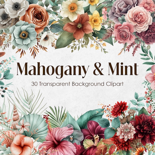 Mahogany and Mint Flowers Watercolor Clipart Set,Coral & Dark Green Floral PNG Transparent Background,Tropical Wedding Bouquets Digital Art