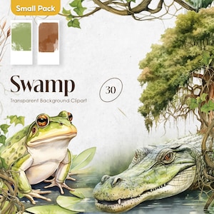 Imágenes prediseñadas de pantano de acuarela con fondo transparente PNG, paisaje natural verde amazónico, rana y cocodrilo en el río pantano, imágenes prediseñadas de pegatinas digitales