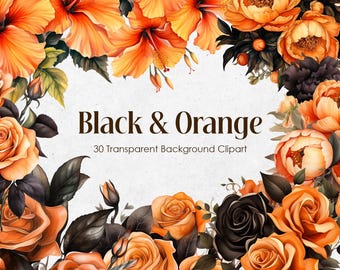 Black Orange Watercolor Flower Clipart Set | Pumpkin Floral PNG (Commercial Use)