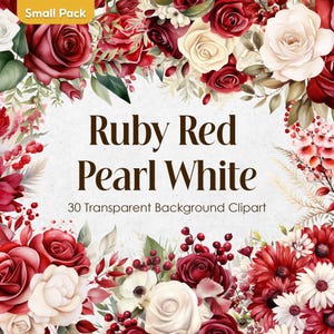 Conjunto de imágenes prediseñadas de flores de acuarela en rojo rubí y blanco perla, fondo transparente PNG floral color vino crema, ramos de boda románticos en color marfil carmesí.