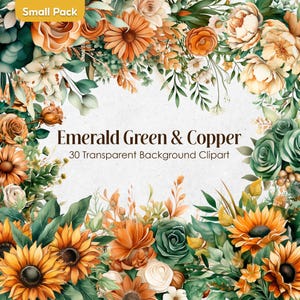 Smaragdgroen koperen aquarel bloem clipart | Olijfjade edelsteen bloemen, png | Transparante bosgebrande oranje bruidsboeketten Commercieel gebruik