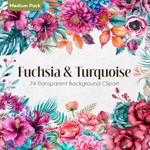 Pink und Meer Blau Blumen Aquarell Clipart Set, Fuchsia & Türkis Blumen PNG transparenten Hintergrund, Neon Hochzeit Blumensträuße Digital Art