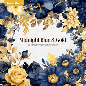 Clipart de aquarela de flores azuis e douradas meia-noite, fundo transparente de flores azul-marinho luxuosas PNG, buquês de casamento azul-escuro e amarelo-dourado