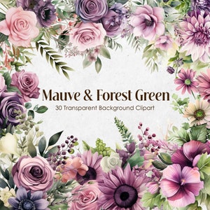 Lavendel und Grüne Blumen Aquarell Clipart, Grün Mauve Blumen PNG transparenten Hintergrund, Wald belaubte Violette Hochzeitssträuße Digital