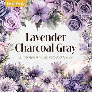 Lavendel und Anthrazit Aquarell Blumen Clipart-Set, Dunkellila Blumen PNG transparenten Hintergrund, Violette Hochzeit Blumensträuße Digital Art