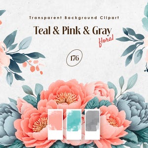 Dusty Pink Teal und Grau Blumen Aquarell Clipart Set, dunkelblau Schiefer Pfirsich Floral PNG transparenten Hintergrund Hochzeit Blumensträuße Digital Art