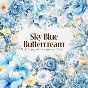 Clipart de flor aquarela azul-celeste, fundo transparente floral azul-claro PNG, buquê de casamento em tons pastel, coroa cremosa azul-gelo
