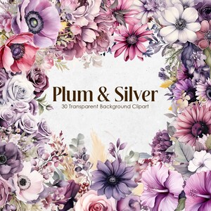 Violet Purple Blossom Blumen Aquarell Clipart, Lavendel Pflaume Floral PNG transparenten Hintergrund, Silber Weiß Hochzeit Blumensträuße Kranz Art