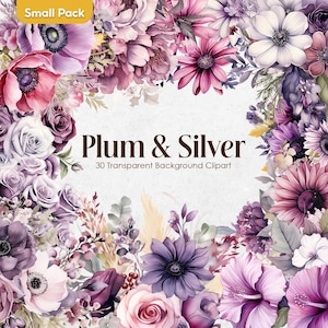 Clipart acquerello di fiori viola / PNG floreale di lavanda e prugna / Ghirlanda di bouquet da sposa in bianco e argento per uso commerciale