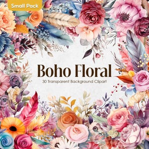 Imágenes prediseñadas florales boho, PNG de flores boho, imágenes prediseñadas de ramos en acuarela, imágenes prediseñadas coloridas para bodas, PNG de flores gitanas, arte boho vibrante